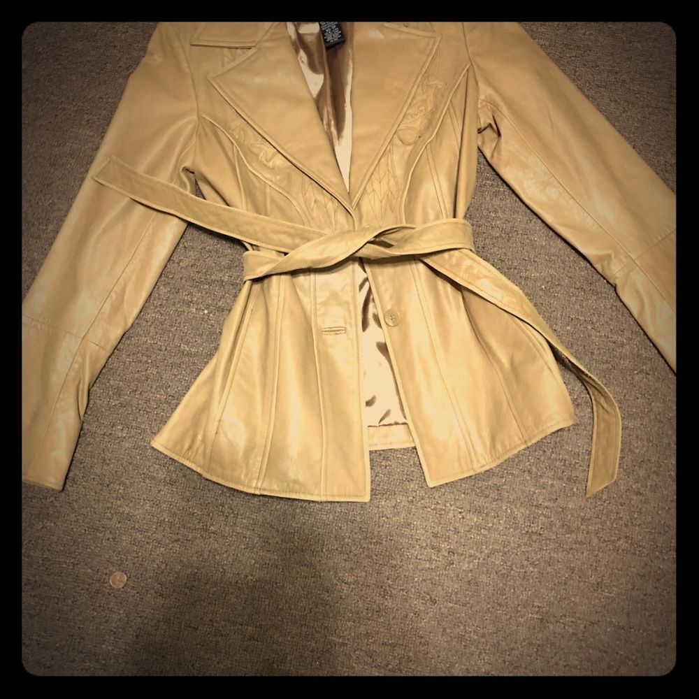 Vintage leather jacket floral detail beige